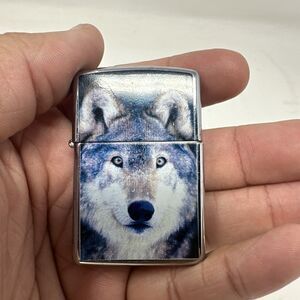 Zippo Wolf Face Lighter 2004 Chrome Blue Collectible